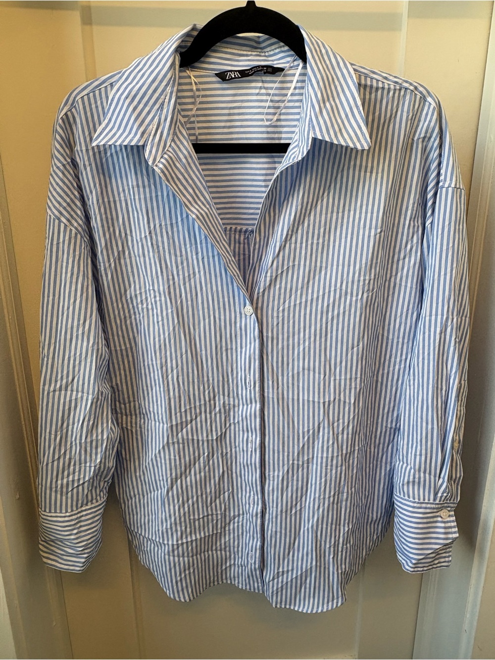 Zara Women’s Light Blue & White Vertical Stripe Button-Down Shirt